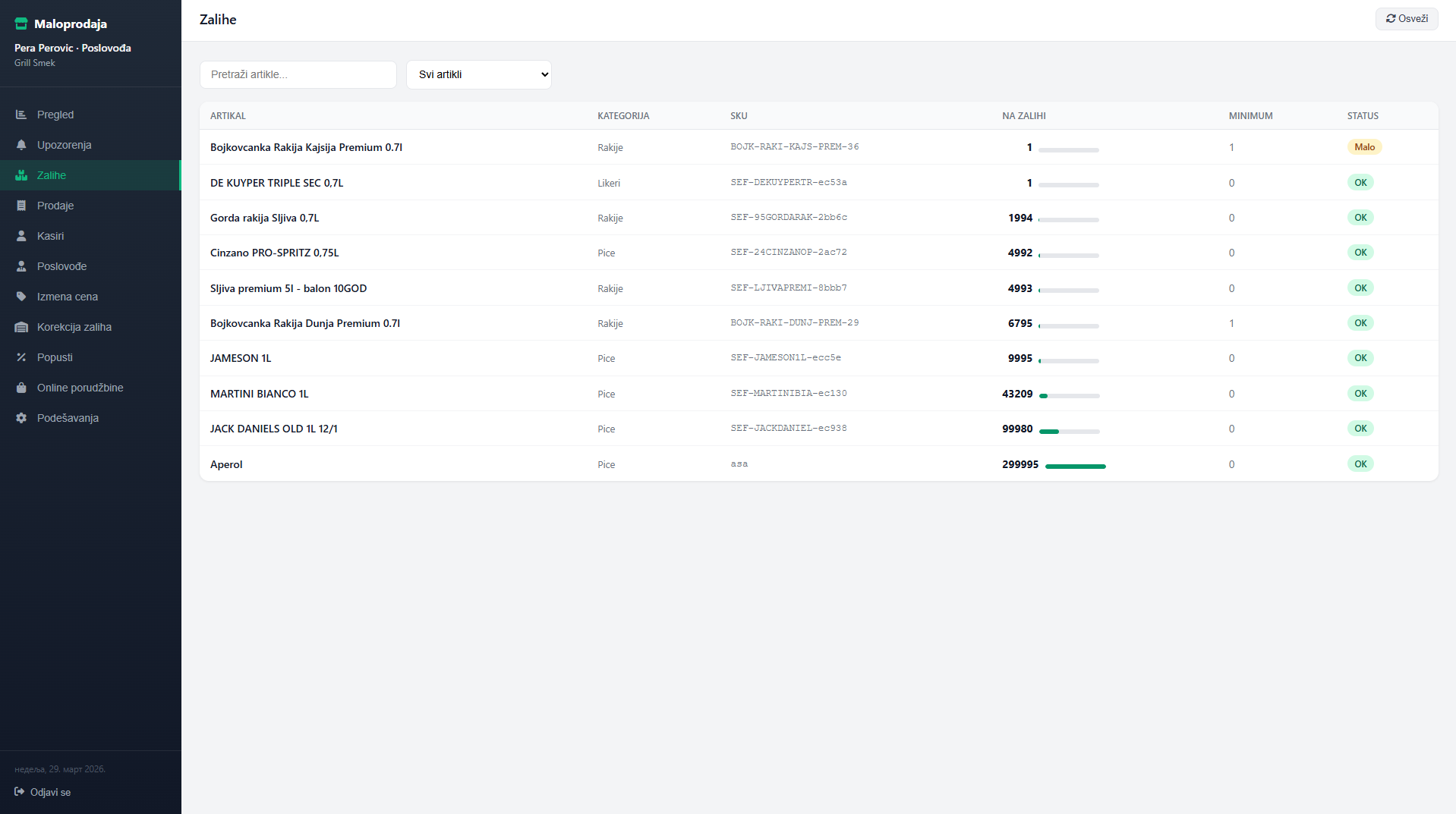 Retail portal - stanje zaliha